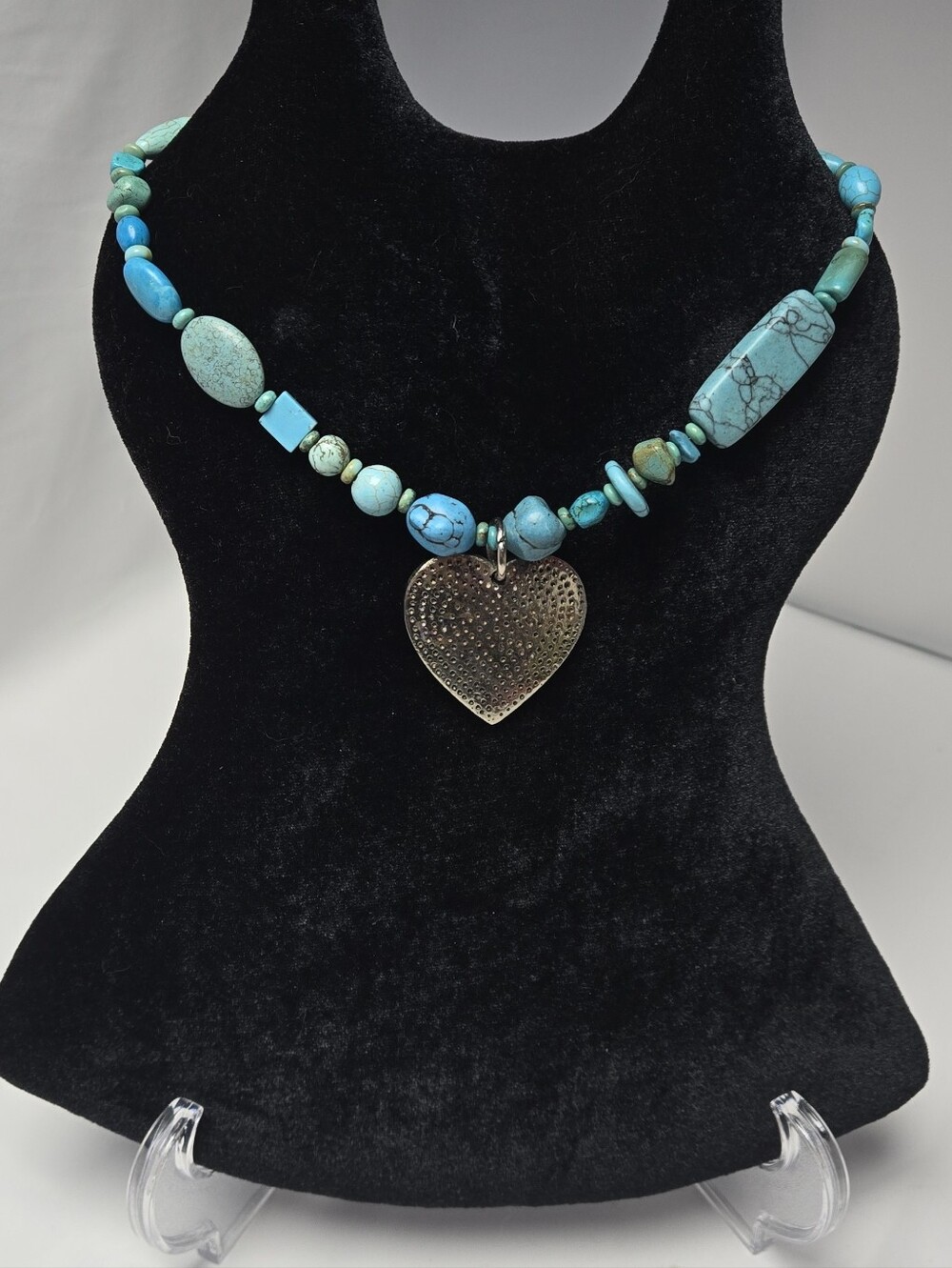Turquoise Bead Necklace with Heavy Heart Pendant - Women's Blue Necklace